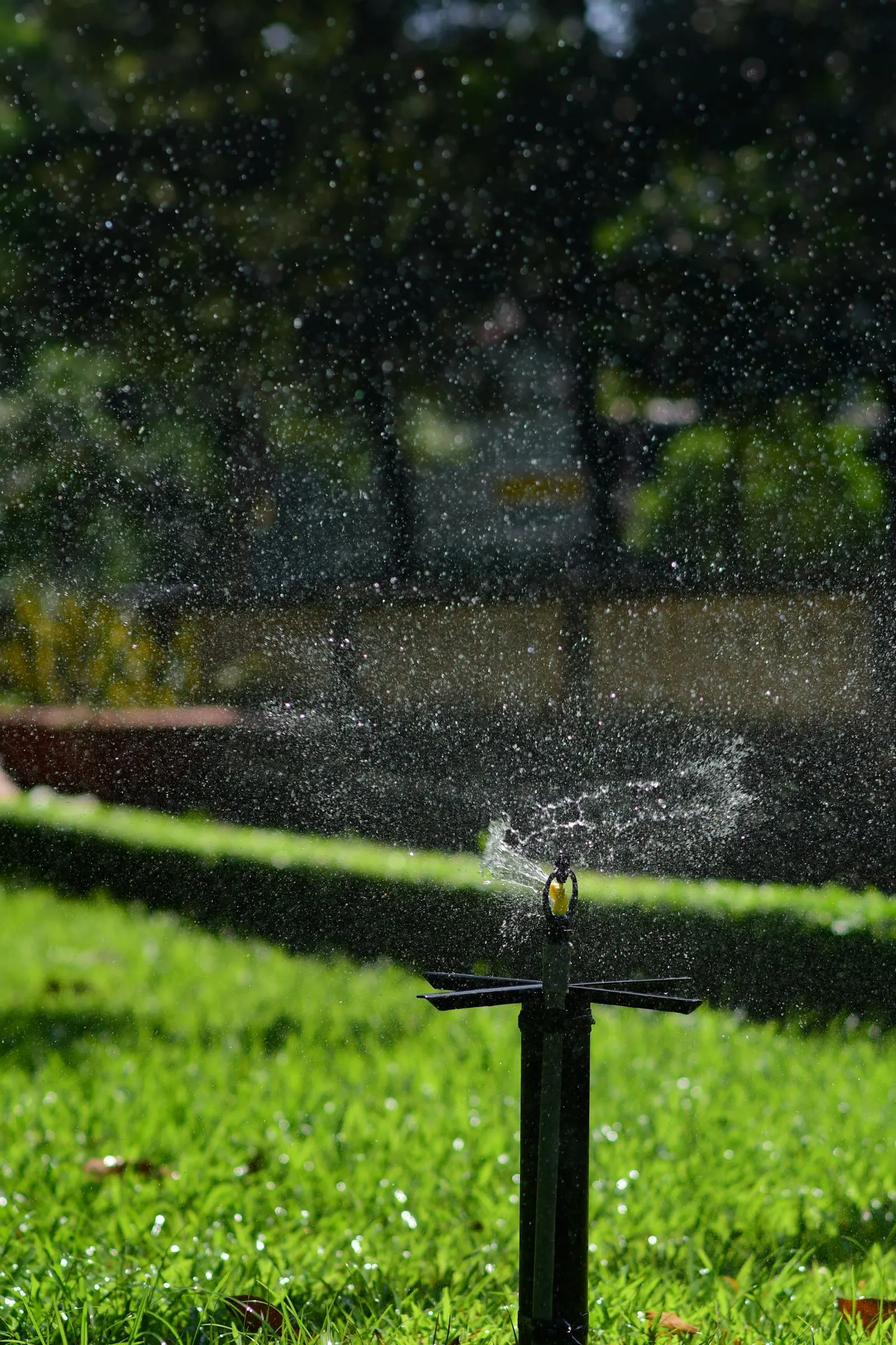 Sprinkler head spraying water across a green lawn during irrigation repair test
