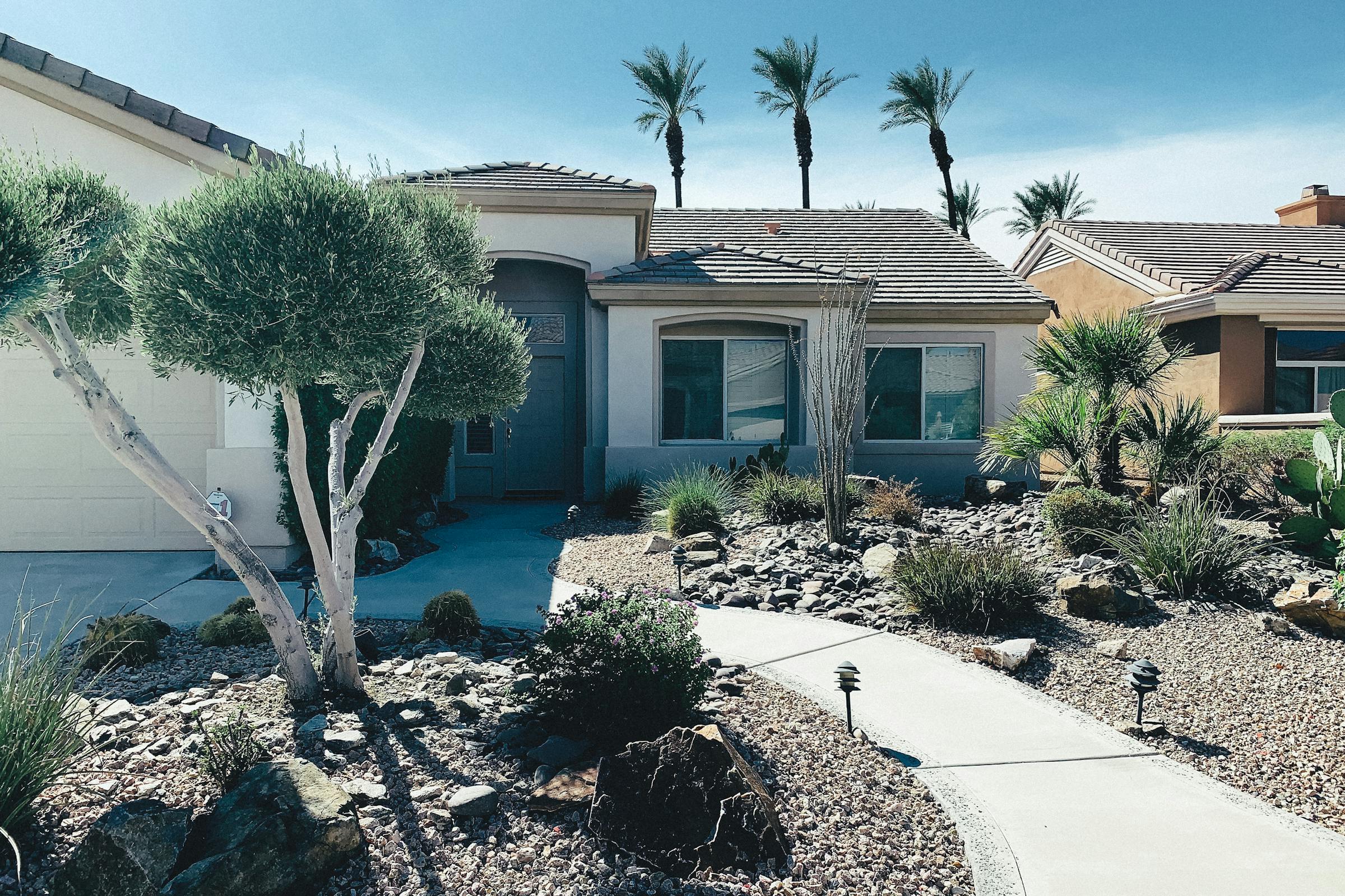Xeriscape front yard with mature plants in a Southwest residential setting